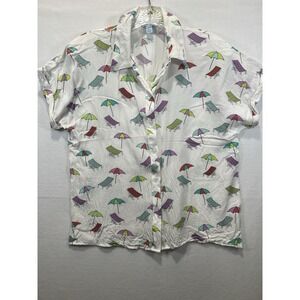 Blue Sol Umbrella Print Collared Beachy Casual Blouse Large White Red Blue